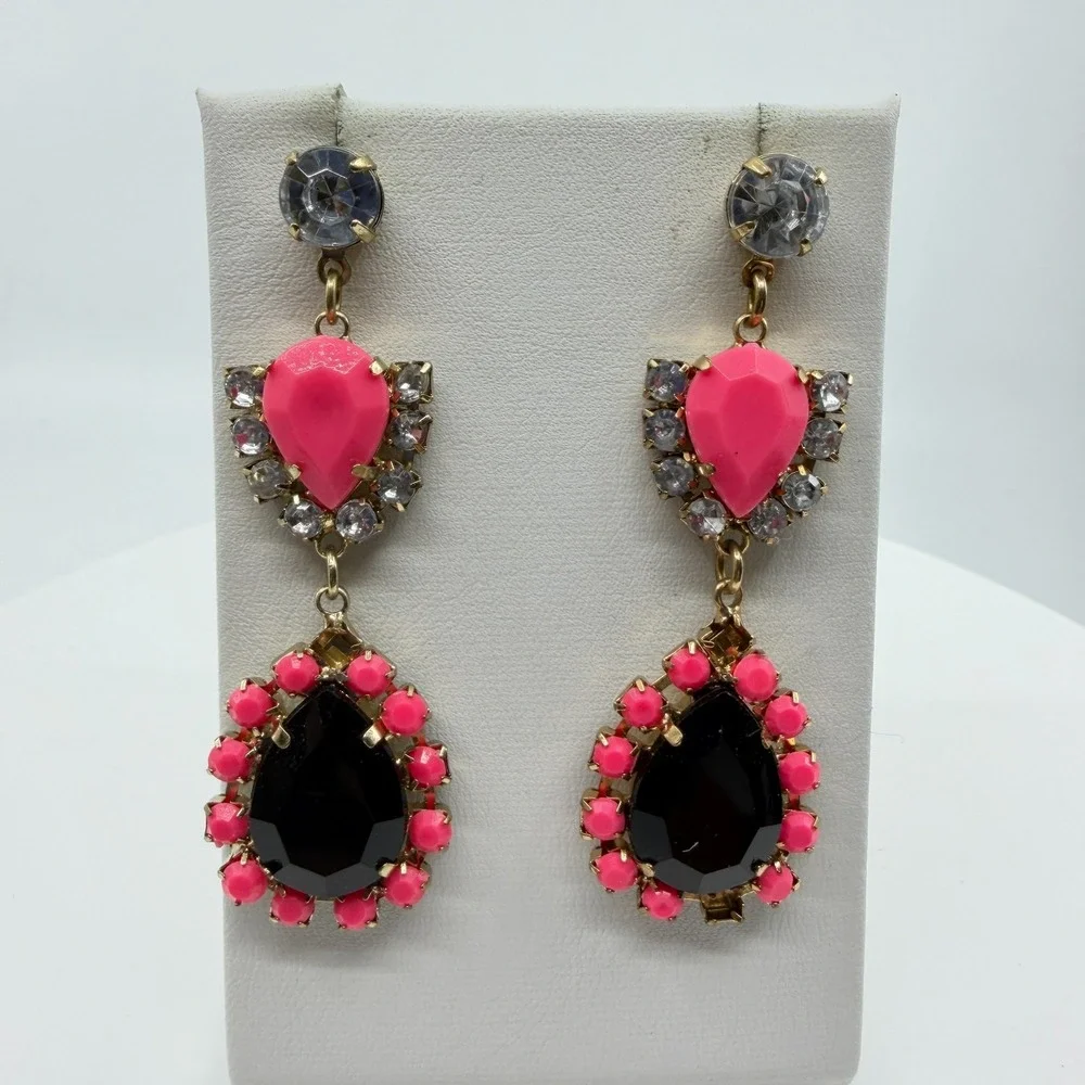 Earrings Neon Pink Black Rhinestone Teardrop Dangle Gold Tone Bold Statement